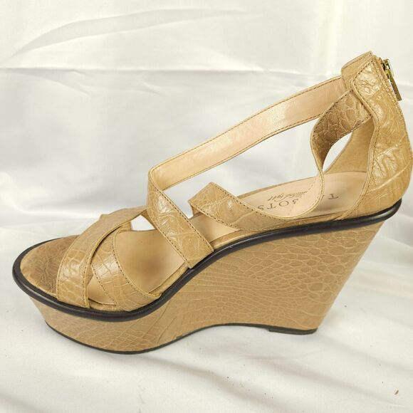 Talbots Womens 7 Beige Croc Print Open Toe Sandals Platform Wedge Leather - Picture 9 of 10
